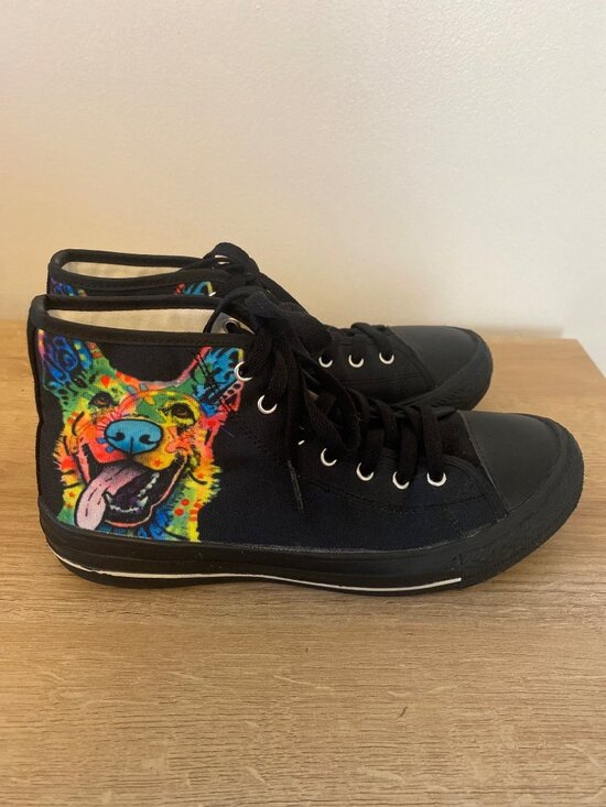 Unknown Shoes - Black High Top Canvas Sneakers With Colorful Dog Graphic Size 8